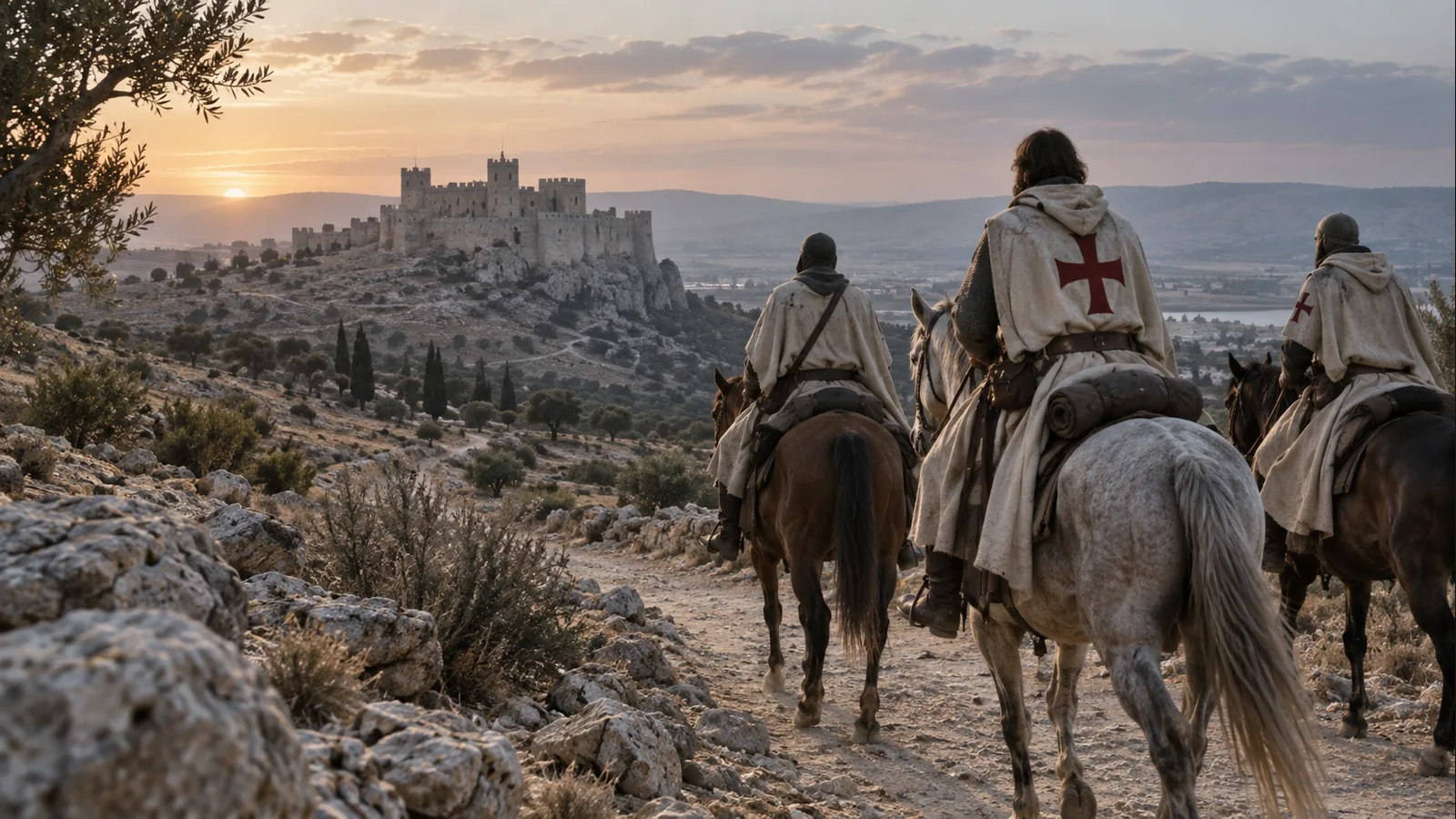 Trois chevaliers de l’ordre du Temple approchant une forteresse au lever du jour