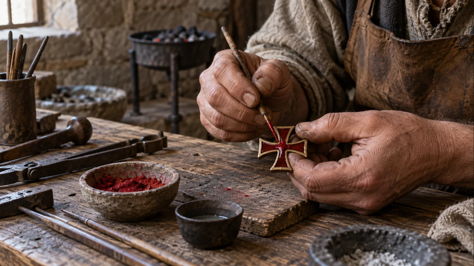 Artisan appliquant un émail rouge sur une petite croix pattée
