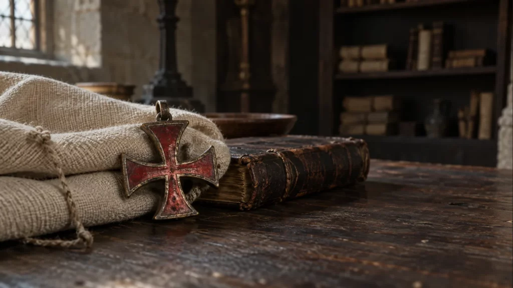 Croix pattée émaillée rouge posée sur un tissu écru et un livre ancien