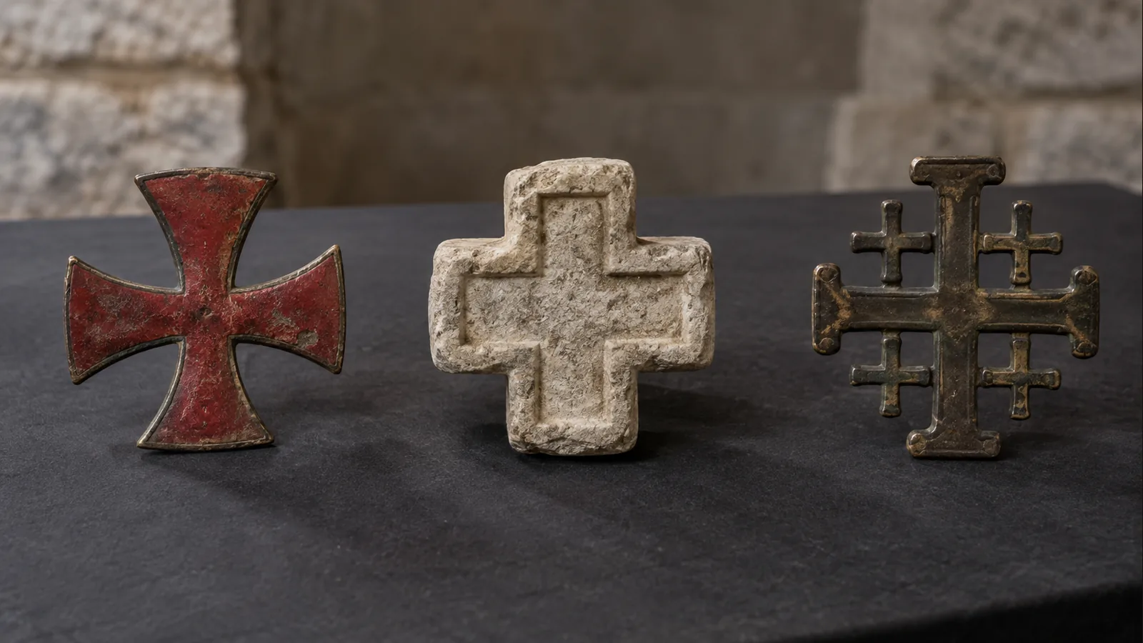 Comparaison d’une croix pattée, d’une croix grecque et d’une croix de Jérusalem