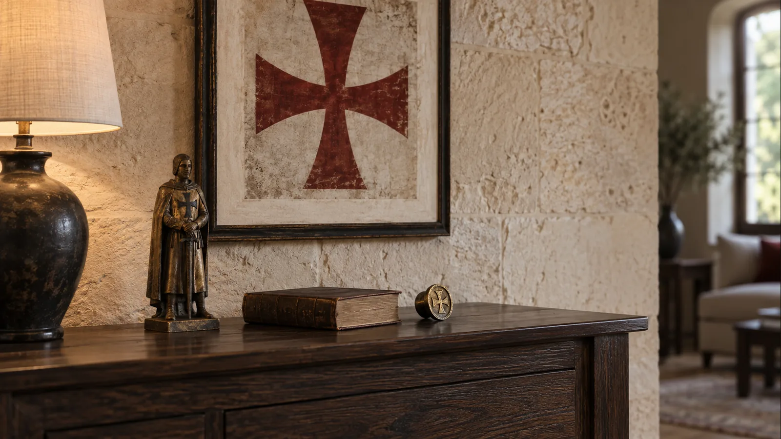 Console décorée d’une statue de chevalier, d’un livre et d’un sceau en bronze