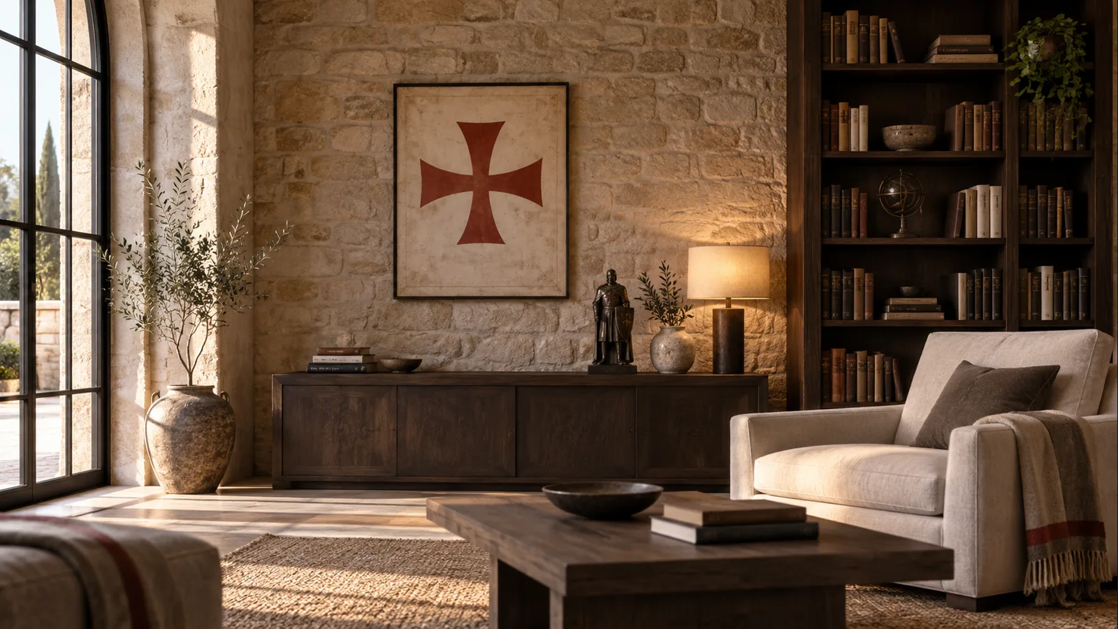 Salon contemporain élégant décoré avec une croix templière et une petite statue de chevalier