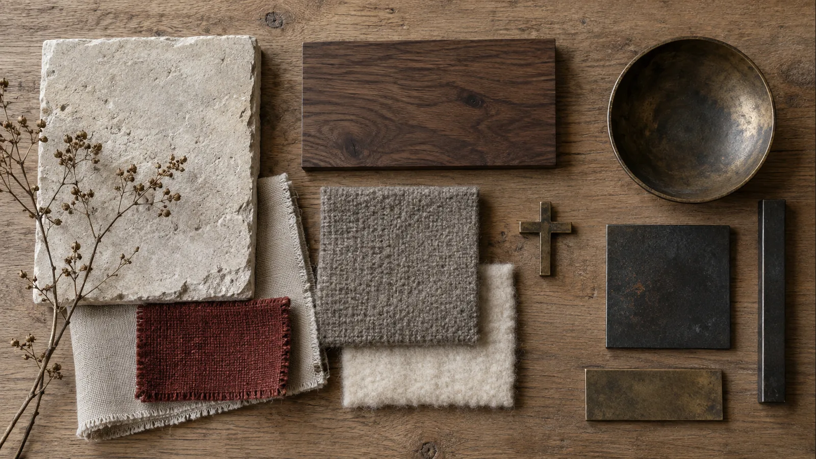 Palette de pierre, bois, lin, laine, bronze et rouge grenat pour un intérieur templier