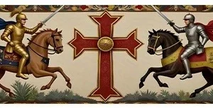 Chemin de table blanc illustré de cavaliers médiévaux autour d’une croix rouge, taille 30 × 220 cm