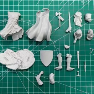 Pièces blanches non peintes du kit de chevalier templier en résine, épée, bouclier et éléments du personnage
