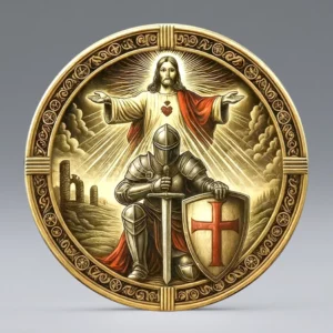 Pièce dorée à chevalier en armure, figure du Christ et bouclier à croix rouge