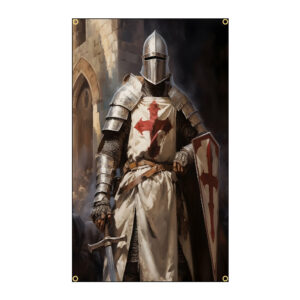 Bannière verticale illustrant un chevalier en armure avec une croix rouge, un bouclier et une épée.